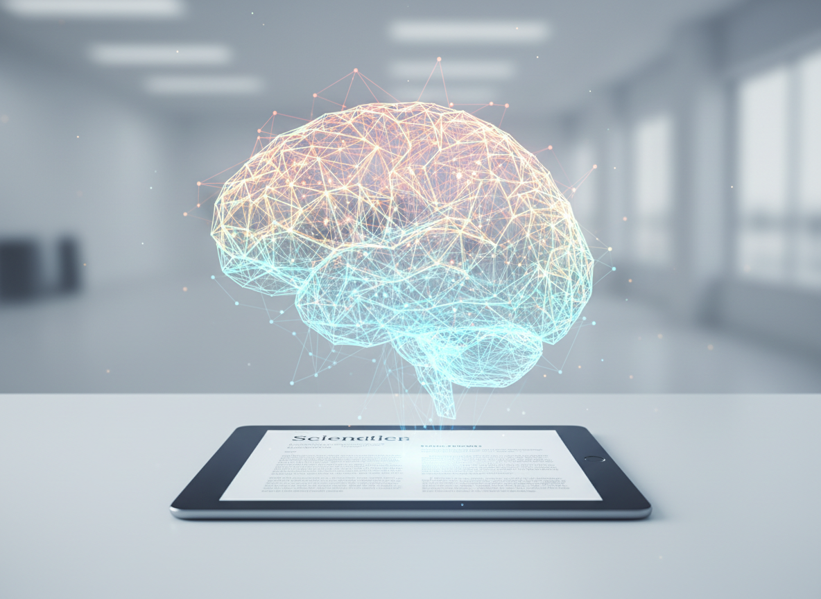 A minimalist white desk holds a single tablet displaying an open e-book, its screen showing crisp, high-contrast text. Emerging like a hologram above the tablet is a detailed, semi-transparent 3D brain made of interconnected glowing nodes and filaments, gradually transitioning in color from cool blues near the device to vibrant oranges at the top. The background is a soft, out-of-focus gradient of pale gray, suggesting a clean modern workspace. Soft, diffused overhead lighting casts barely-there shadows, enhancing the sleek, contemporary feel. Photographic realism with a centered, slightly elevated composition and shallow depth of field. The atmosphere is modern, focused, and quietly futuristic, emphasizing the idea that digital reading still profoundly influences brain chemistry and neural connectivity.