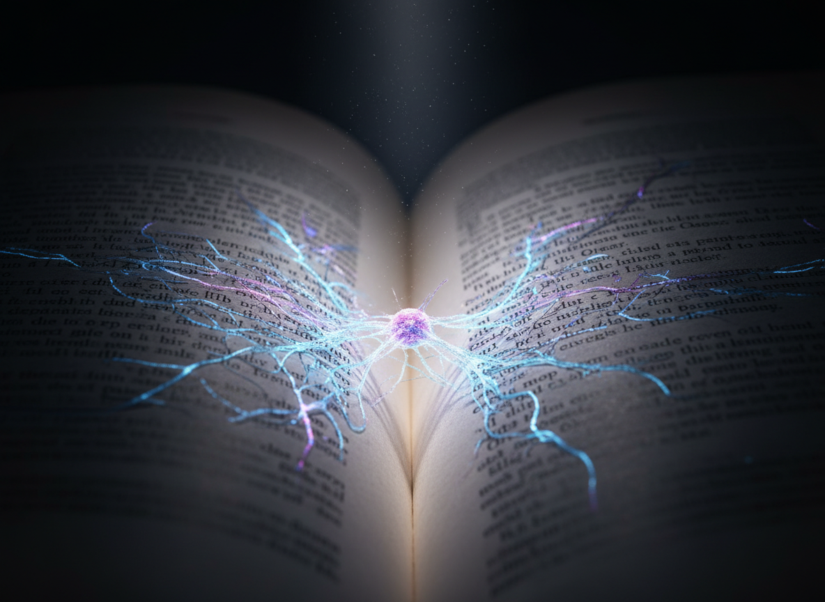 An ultra-detailed macro photographic image of a single open book page, the paper fibers subtly visible, with the printed text fading into a fantastical overlay of branching neural pathways. The ink near the center of the page slowly transforms into luminous, thread-like axons and synapses extending outward, glowing in electric blues and soft purples. The background dissolves into a velvety dark blur, isolating the page and neural web. A narrow beam of spotlight-style lighting from above highlights the transformation zone, casting delicate shadows in the tiny paper texture. The mood is intimate, mysterious, and scientifically inspired, emphasizing at a microscopic level how the act of reading can rewrite neural connections and alter brain chemistry and structure.