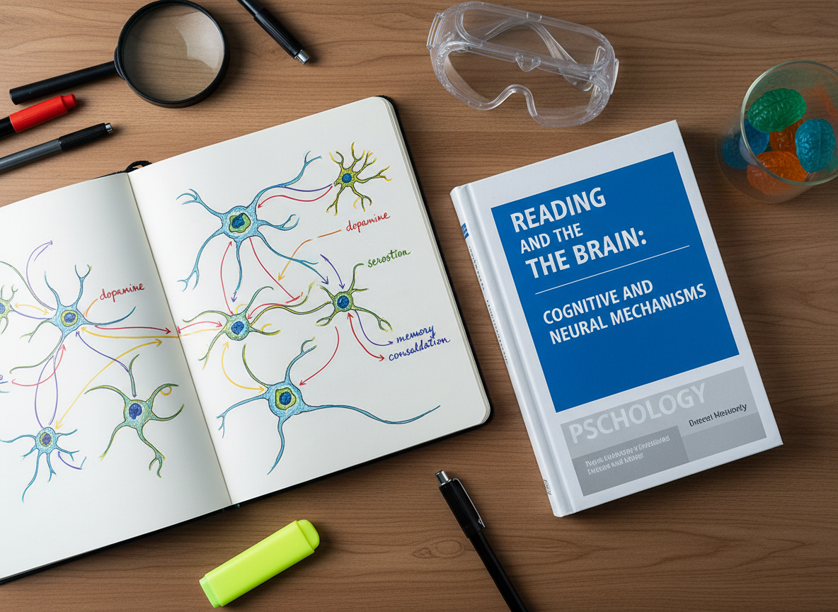 A close, top-down photographic shot of a wooden desk where an open science notebook lies beside a thick psychology textbook about reading and the brain. Detailed hand-drawn diagrams of neurons and synapses fill the notebook page, with colored inks tracing pathways labeled “dopamine,” “serotonin,” and “memory consolidation.” A pair of transparent safety goggles and a small glass beaker containing colorful brain-shaped gel models sit nearby, hinting at experimentation without showing any person. Cool, diffused lab lighting from above creates soft, even illumination and gentle reflections on the glass and ink. The composition is tidy but rich in detail, with sharp focus throughout, evoking a calm, analytical atmosphere that connects reading habits to measurable brain chemistry changes in a research setting.