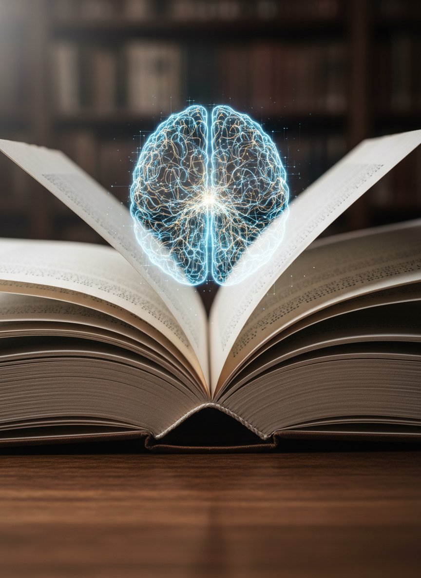 An elegant close-up of an open paperback book, its crisp off-white pages curving into a gentle arc, with individual lines of text razor-sharp in the foreground. Behind the book, a semi-transparent digital overlay of a brain formed from softly glowing blue and gold neural networks appears to float, perfectly aligned with the spine. The background is a dark, velvety blur of bookshelves, suggesting a library. Dramatic side lighting from the left creates subtle shadows between the pages and a luminous halo around the neural brain. Photographic realism with a cinematic, slightly low-angle composition, creating a sense of depth and wonder. The mood is thoughtful and scientific, illustrating how reading activates complex brain circuitry in a visually compelling way.