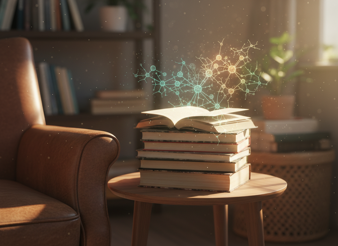 A cozy reading nook captured in photographic realism: a well-worn leather armchair suggested only by its curved arm and textured surface, with a small stack of diverse books resting on a side table. Above the table, faintly superimposed in the air, a translucent illustration of neurotransmitter molecules and serotonin pathways glows in soft teal and amber tones, as if emanating from the books themselves. Warm golden-hour light pours in from the right, illuminating dust motes and drawing a gentle highlight along the book edges while the background dissolves into a soft bokeh of shelves and fabric textures. Shot from a slightly elevated angle using the rule of thirds, the mood is comforting yet intellectually stimulating, showing how reading can literally change mood and brain chemistry.