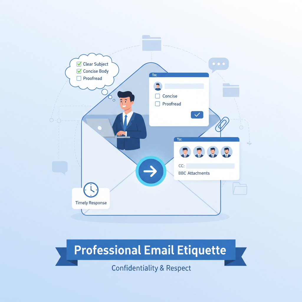 Illustration listing professional email etiquette tips: Clear Subject, Concise Body, Proofread, Timely Response, Confidentiality & Respect.